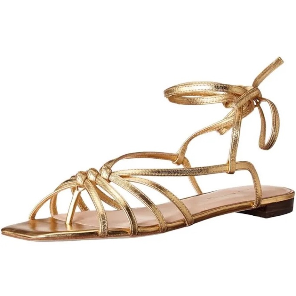 Loeffler Randall Gold Strappy Ankle-Tie Flat Sandals